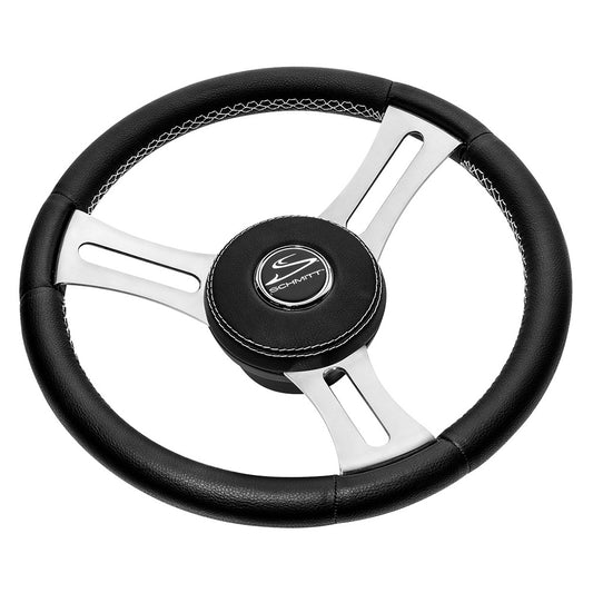 Schmitt Marine Torcello Elite 14" Wheel - Black Leather  Cap - White Stitching - Polished SS Spokes - 3/4" Tapered Shaft [PU085241]